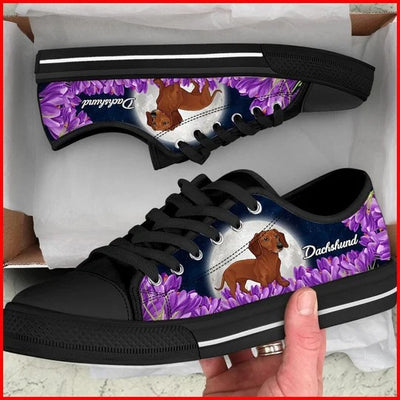 Dachshund And Purple Flower Canvas Low Top Shoes