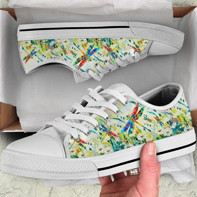 Dragonfly Flower Oil Painting Canvas Low Top Shoes