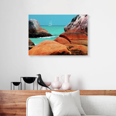 Sailboat Rocks Blue Water Beach Canvas Prints