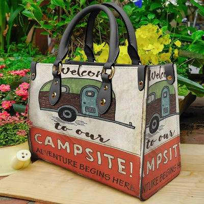Campsite Adventure Begins Here Camper Purse Tote Bag Handbag For Women