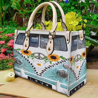 Hippie Van Truck Peace Sunflower Purse Tote Bag Handbag For Women